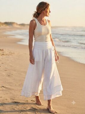 White Wide-Leg Cotton Linen Blend Beach Pants size medium